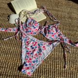 Floral Print Lace-Up Bikini Swimsuit