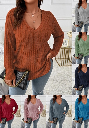 Women's Autumn Winter Solid Color Ribbed V-Neck Plus Size Pullover Top