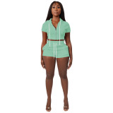 Women zipper Solid hooded Crop Top and Shorts two-piece set