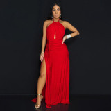 Sexy Red Halter Neck Low Back High Slit Long Dress