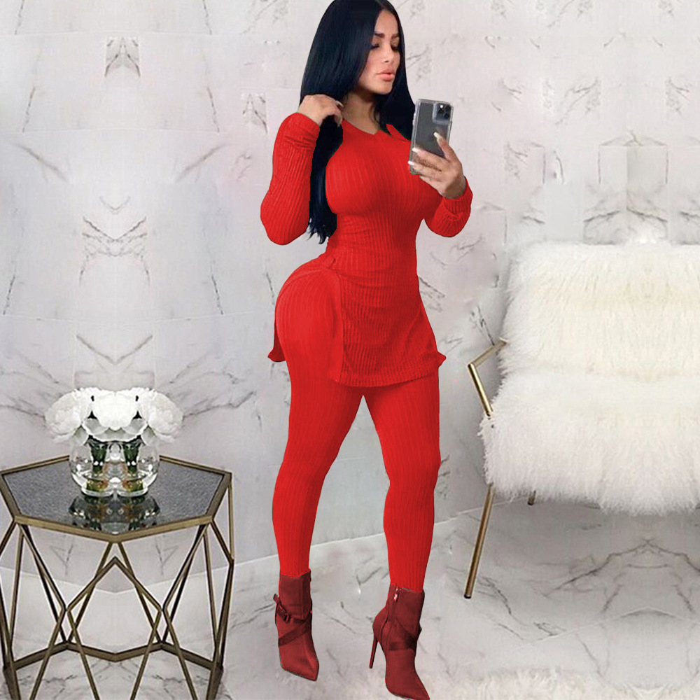 Women slit Ribbed sexy Top and Pant two-piece set