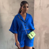 Women's Casual Short-Sleeve Loose Shirt Shorts African Solid Color Two-Piece Set