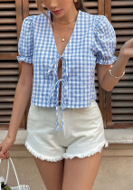 Women's Summer Bow Tie Plaid Casual Top