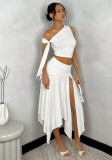 Women's Casual Slash Shoulder Top Slit Skirt Two-Piece Set