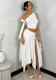 Women's Casual Slash Shoulder Top Slit Skirt Two-Piece Set