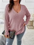 Women's Autumn Winter Solid Color Ribbed V-Neck Plus Size Pullover Top