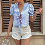 Women's Summer Bow Tie Plaid Casual Top