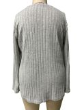 Women's Autumn Winter Solid Color Ribbed V-Neck Plus Size Pullover Top