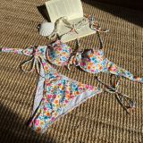 Floral Print Lace-Up Bikini Swimsuit