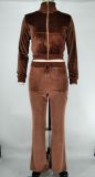 Women's Autumn Winter Velvet Zipper Pocket Two Piece Tracksuit