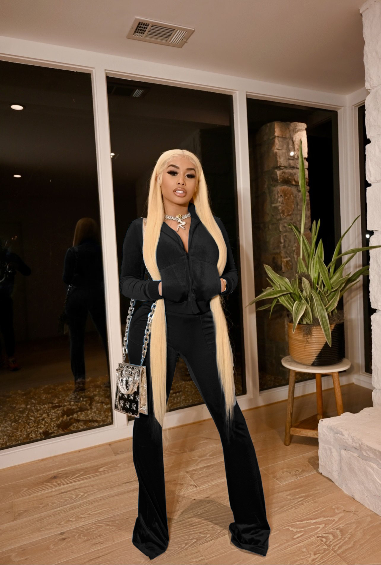 Women's Autumn Winter Velvet Zipper Pocket Two Piece Tracksuit