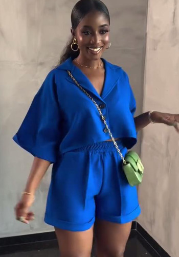 Women's Casual Short-Sleeve Loose Shirt Shorts African Solid Color Two-Piece Set