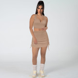 Women Stretch sexy v-neck Top and drawstring Solid Skirt two-piece set