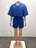 Women's Casual Short-Sleeve Loose Shirt Shorts African Solid Color Two-Piece Set