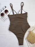Coffee Lace-Up Deep V One-Piece Swimsuit