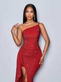Asymmetric Straps High Slit Ruffled Long Dress