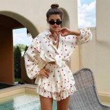 Women's Spring Ruffle Loose Shirt Cardigan Shorts Two-Piece Set