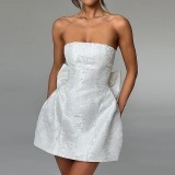 Women's Summer Solid Color Jacquard Strapless Bow Party Dress