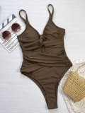 Coffee Lace-Up Deep V One-Piece Swimsuit