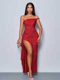Asymmetric Straps High Slit Ruffled Long Dress