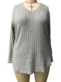 Women's Autumn Winter Solid Color Ribbed V-Neck Plus Size Pullover Top