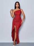 Asymmetric Straps High Slit Ruffled Long Dress