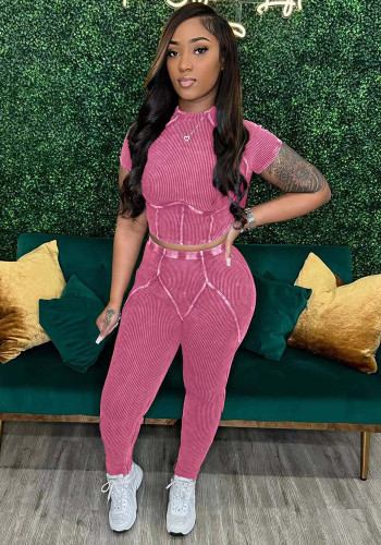 Women washed Ribbed short-sleeved top and trousers two-piece set