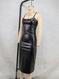 Women Solid pu Leather Patchwork Sexy Suspender Lace-Up Slit Bodycon Dress