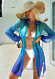 Women Printed Beach Cover-up Gradient Color Long Sleeve Sexy Sun Protection Clothing