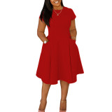 Women Spring Summer Casual Round Neck Pocket Dress