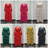 Plus Size Women Pleated Ruffle Edge Lace Lantern Sleeve Dress