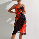 Women Bikini Mesh Cover-up Butterfly Print Contrast Beach Dress