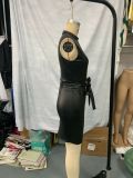 Women Casual Pu-Leather drawstring Bodycon dress