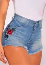 Women Embroidered Elastic Raw Edge Denim Shorts Women Embroidered Elastic Raw Edge Denim Shorts