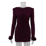 Women Sexy Round Neck Long Sleeve Pleated Bodycon Dress