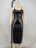 Women Solid pu Leather Patchwork Sexy Suspender Lace-Up Slit Bodycon Dress