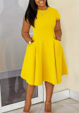 Women Spring Summer Casual Round Neck Pocket Dress