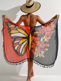 Women Bikini Mesh Cover-up Butterfly Print Contrast Beach Dress
