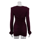 Women Sexy Round Neck Long Sleeve Pleated Bodycon Dress