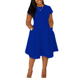 Women Spring Summer Casual Round Neck Pocket Dress