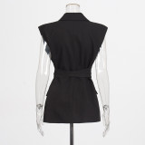 Women trendy Style sleeveless cross-strap Solid Blazer vest Top