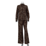 Women Leopard Print Patchwork Feather Long Sleeve Shirt Wide Leg Pants Two-Piece Set
