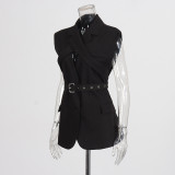 Women trendy Style sleeveless cross-strap Solid Blazer vest Top