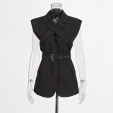Women trendy Style sleeveless cross-strap Solid Blazer vest Top