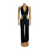 Women V Neck hollow metal buckle jumpsuit