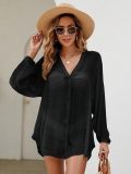 Women Summer V-Neck Button Solid Cover-up Bikini Beach Shirt Shirt
