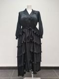 Plus Size Women Pleated Ruffle Edge Lace Lantern Sleeve Dress