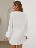 Women Summer V-Neck Button Solid Cover-up Bikini Beach Shirt Shirt