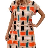 Women Summer Short-sleeved Printed Bat Sleeves Round Neck Dress
