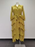 Plus Size Women Pleated Ruffle Edge Lace Lantern Sleeve Dress